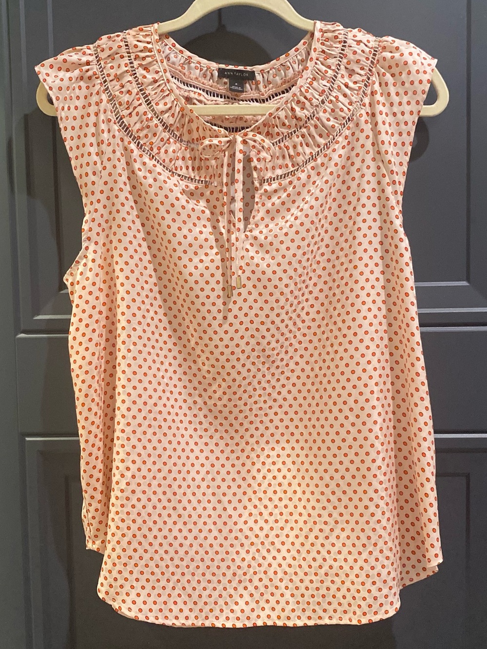 Ann Taylor Pink Polka Dot Ruffle-Neck Sleeveless Top